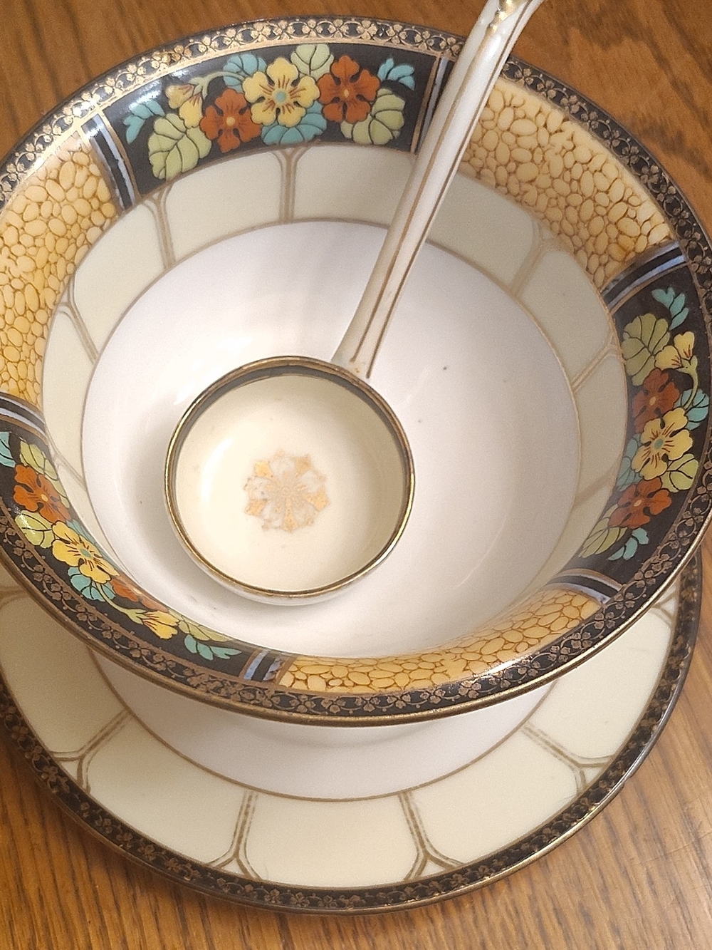 Noritake Cream, Gold, Orange & Aqua Floral Porcelain Serving Bowl with Ladle